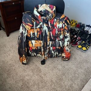 AMIRI Multi-Color Abstract Paint Splatter Hooded Down Puffer Jacket Mens M Italy